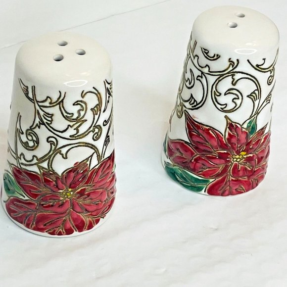 In Home Style Red Floral Poinsettia Salt & Pepper Christmas Set - Picture 6 of 11